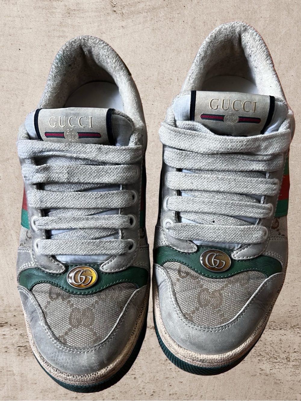 Gucci Screener GG Canvas Sneakers – Distressed Vintage Style – Size 35-1/2